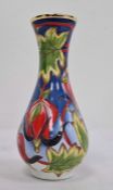 Moorcroft enamel miniature vase, decorated with fuschia, baluster shape, initialled RDR to base,