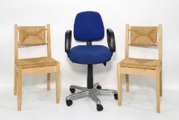 Office chair and two beech, rush seated dining chairs (3)