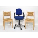 Office chair and two beech, rush seated dining chairs (3)