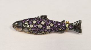 Fish brooch set with amethysts, peridots and diamonds