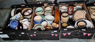 Quantity of ceramic plant pots and holders including a stoneware pot labelled 'Green Label Curry