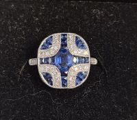 Platinum Art Deco-style sapphire and diamond panel ring, boxed size N approxCondition Reportsize N