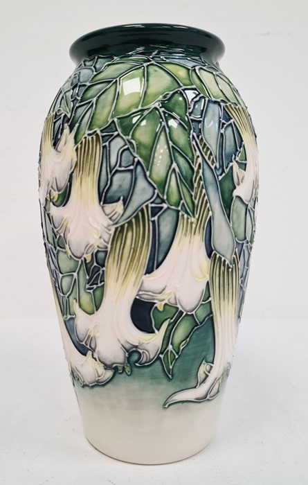 Moorcroft pottery vase, tall ovoid and decorated with white fuchsia on a blue and cream ground, - Image 4 of 6