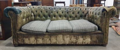 Green leather button-back Chesterfield three-seater sofa Condition Reportplease find images of the