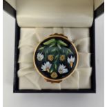 Moorcroft enamel trinket pot, cylindrical, powder green and black ground with sunflower