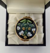 Moorcroft enamel trinket pot, cylindrical, powder green and black ground with sunflower