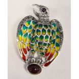 Silver eagle brooch/pendant set with cabochon ruby, ruby eye and marcasites and inlaid with enamel
