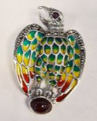 Silver eagle brooch/pendant set with cabochon ruby, ruby eye and marcasites and inlaid with enamel