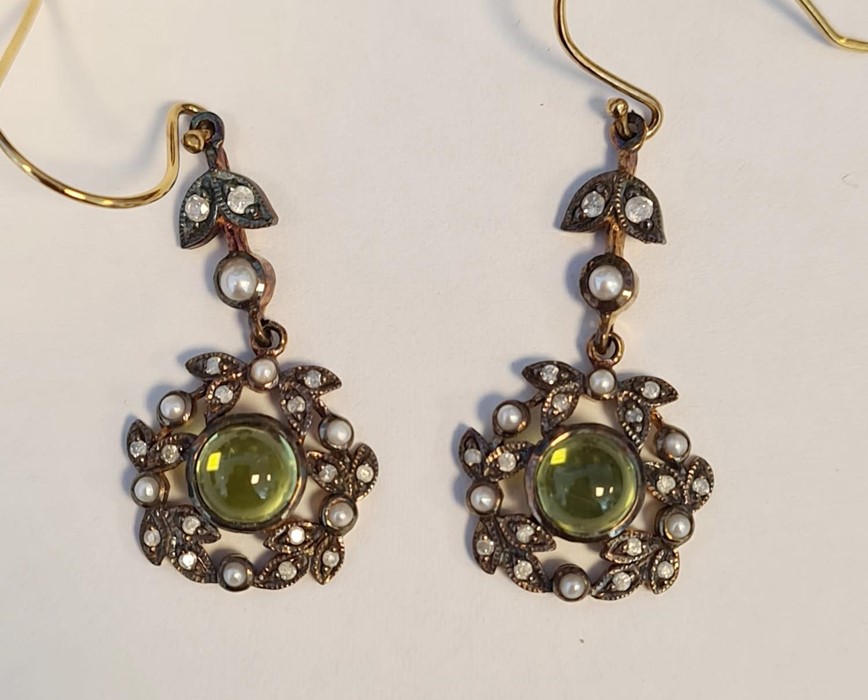 Pair of drop earrings set with peridots, seed pearls and diamonds, boxed