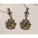 Pair of drop earrings set with peridots, seed pearls and diamonds, boxed