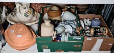 Stoneware hot water bottle, ewer and basin, a terracotta chicken brick, chinese rice bowls,