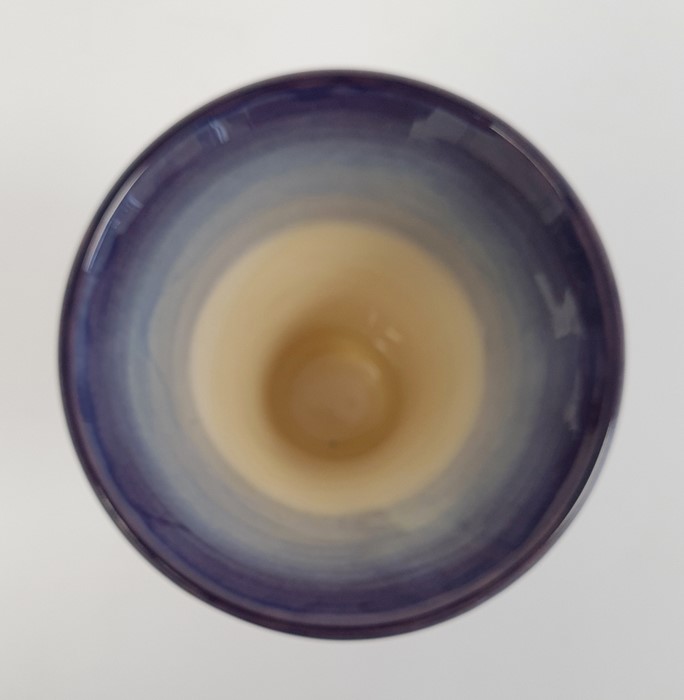 Moorcroft vase of tapering form, cream ground with blue base, violet decoration, initialled ‘JW’ and - Image 5 of 6