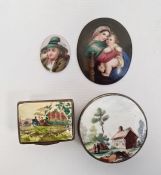 Enamel patchbox of rectangular form, country setting scene to the top, hinged lid, another with