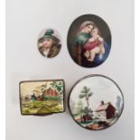 Enamel patchbox of rectangular form, country setting scene to the top, hinged lid, another with