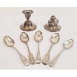 Pair George IV Irish silver dessert spoons, fiddle pattern, Dublin 1828, three Georgian and
