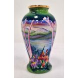 Moorcroft miniature enamel vase, inverse baluster-shaped, mountainous lakeside landscape