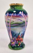 Moorcroft miniature enamel vase, inverse baluster-shaped, mountainous lakeside landscape