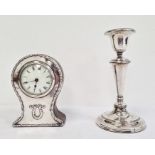 Silver-framed balloon-shaped mantel clock with Roman numerals to the enamel dial, wooden body and
