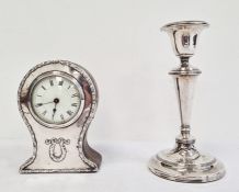 Silver-framed balloon-shaped mantel clock with Roman numerals to the enamel dial, wooden body and