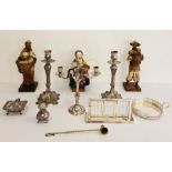 Assorted items to include white metal candlesticks, various papier mache figures, etc