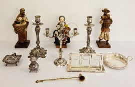 Assorted items to include white metal candlesticks, various papier mache figures, etc