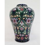 Moorcroft inverted baluster-shaped vase, ‘Anatolia’ pattern, green ground with pink and white