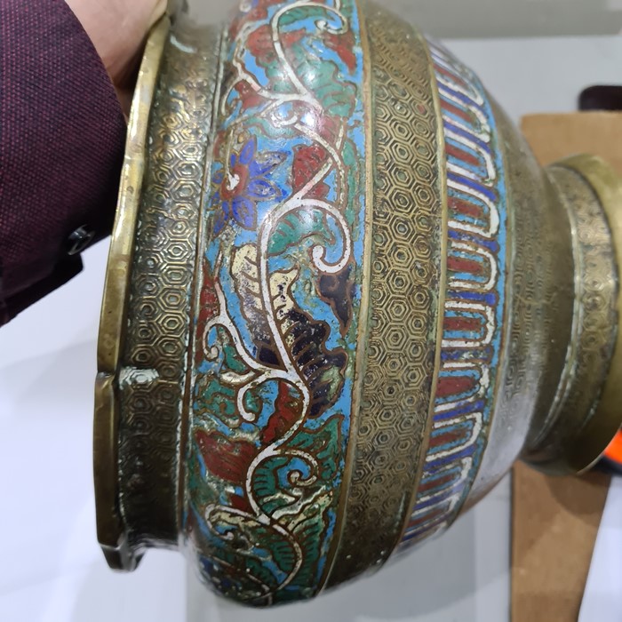 Chinese cloisonne and bronze jardiniere, ovoid with flared rim, having two cloisonne bands of - Image 7 of 7