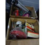 Two labelled fruit boxes with assorted tools, collectables, etc (2 boxes)  Condition