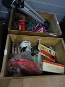 Two labelled fruit boxes with assorted tools, collectables, etc (2 boxes)  Condition