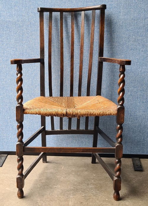 Stickback chair with rush seat, barley twist and block supports, stretchered base  Condition