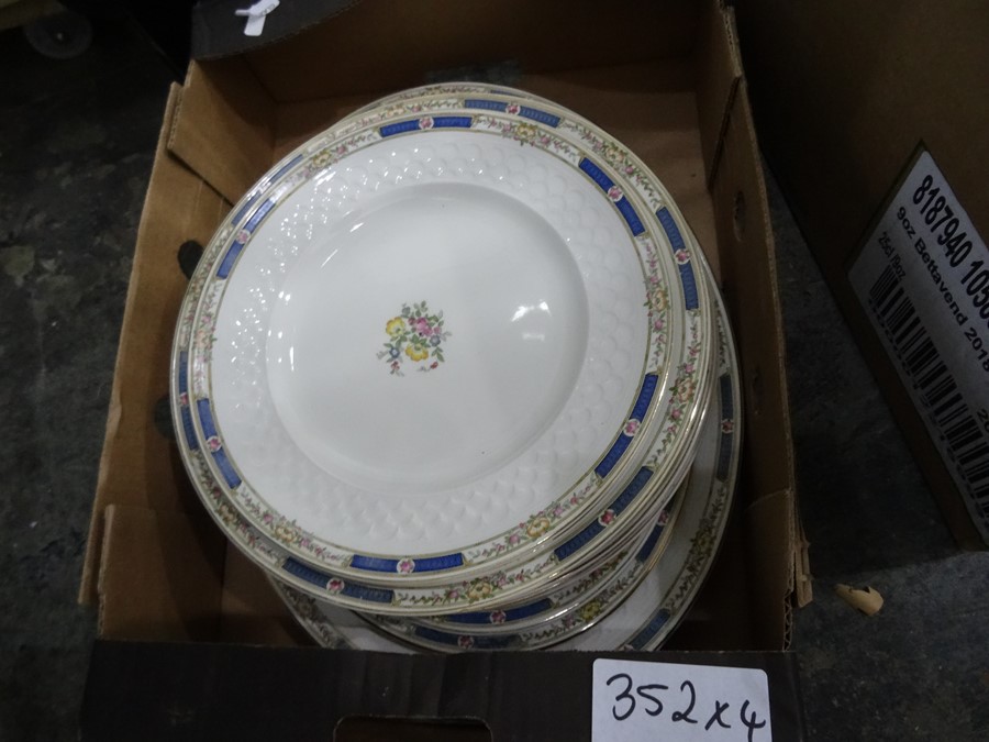 Four boxes of assorted miscellaneous chinaware to include three-tier porcelain cake stand,