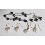 Two pairs of various cultured pearl drop earrings and a black cultured pearl and silver chain link