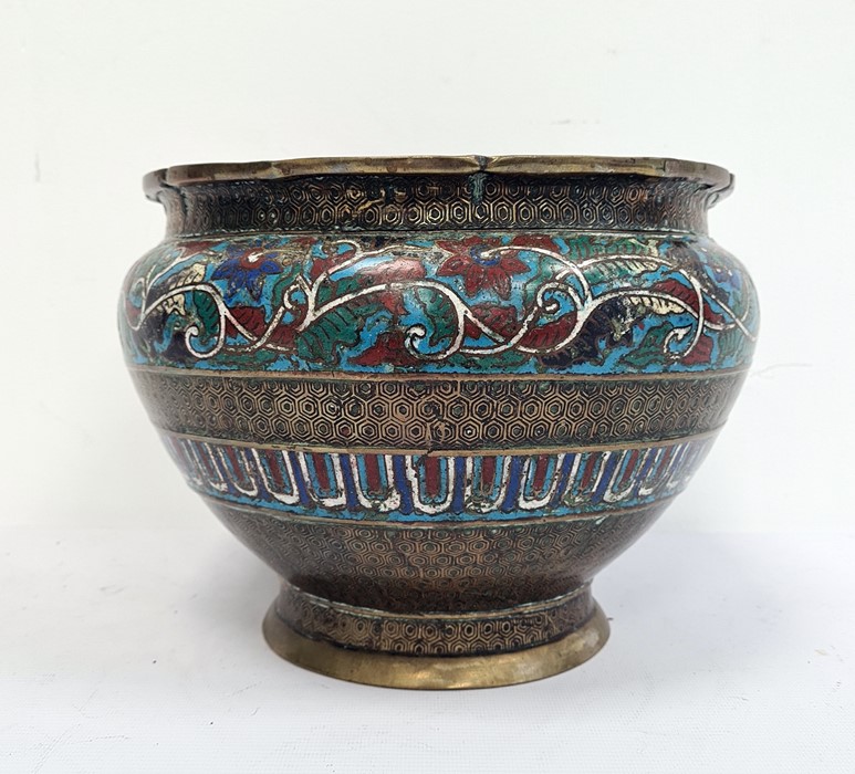 Chinese cloisonne and bronze jardiniere, ovoid with flared rim, having two cloisonne bands of