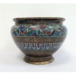 Chinese cloisonne and bronze jardiniere, ovoid with flared rim, having two cloisonne bands of