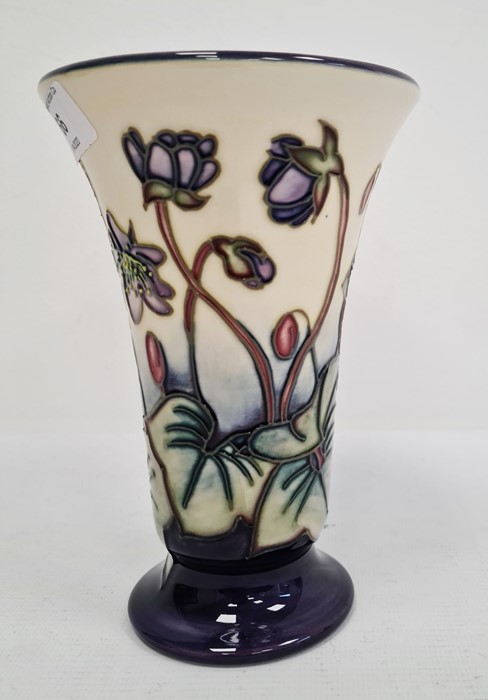Moorcroft vase of tapering form, cream ground with blue base, violet decoration, initialled ‘JW’ and - Image 3 of 6