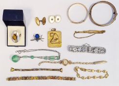 Silver bangle, a rolled gold bangle, a diamante bracelet and sundry costume jewellery (2 boxes)