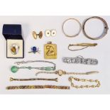 Silver bangle, a rolled gold bangle, a diamante bracelet and sundry costume jewellery (2 boxes)