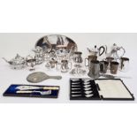 Two boxes of assorted electroplated items including hot water pots, mugs, jugs, teapots, etc (2