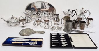 Two boxes of assorted electroplated items including hot water pots, mugs, jugs, teapots, etc (2