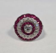 Large platinum ruby and diamond target ring, the central old-cut diamond (estimated weight 0.3ct,