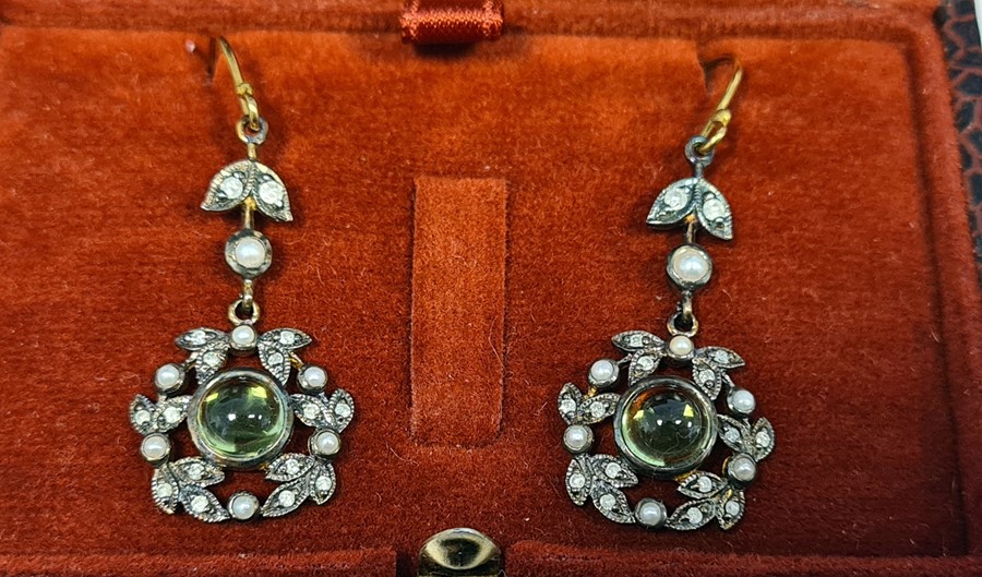 Pair of drop earrings set with peridots, seed pearls and diamonds, boxed - Image 2 of 3