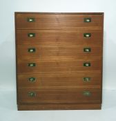 Mid century teak chest of six drawers with campaign-type brass inset handles, all raised on plinth