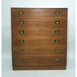 Mid century teak chest of six drawers with campaign-type brass inset handles, all raised on plinth