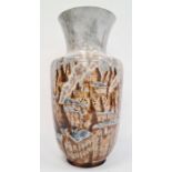 Cobridge stoneware large vase, ovoid and shouldered, decorated with smoking pottery kilns and