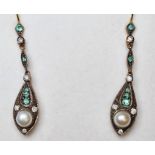 Pair of emerald, pearl and diamond drop earrings, boxed