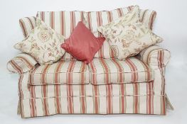 Plumbs pair of two-seater sofas and a pouffe in cream ground striped upholstery (3)  Condition