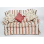 Plumbs pair of two-seater sofas and a pouffe in cream ground striped upholstery (3)  Condition