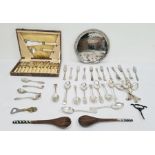 Electroplated items to include flatware, tray and wooden salad servers