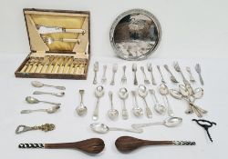 Electroplated items to include flatware, tray and wooden salad servers