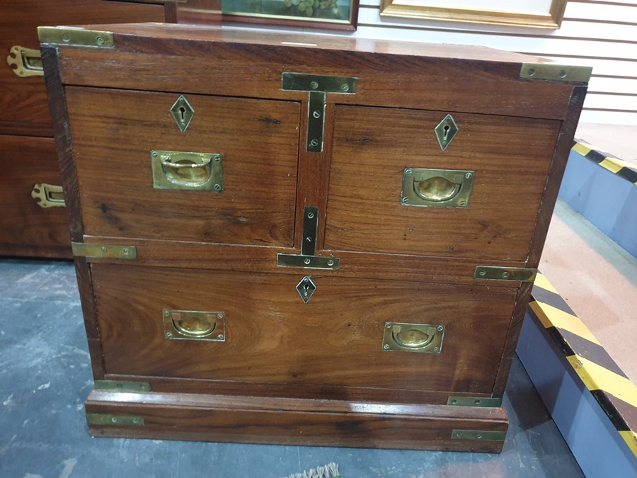 20th century mahogany campaign miniature chest of two short over one long drawer, plinth base, brass - Image 7 of 7